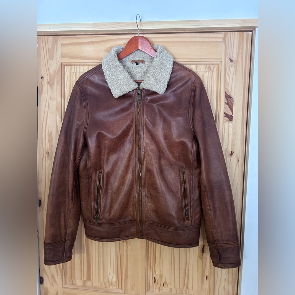 Men's Brown Leather Jacket with Shearling Collar